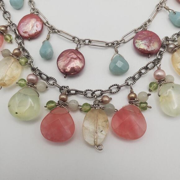 925 Sterling Silver Double Strand Dangling Pearl, Pink & Green Quartz Necklace - Picture 3 of 6